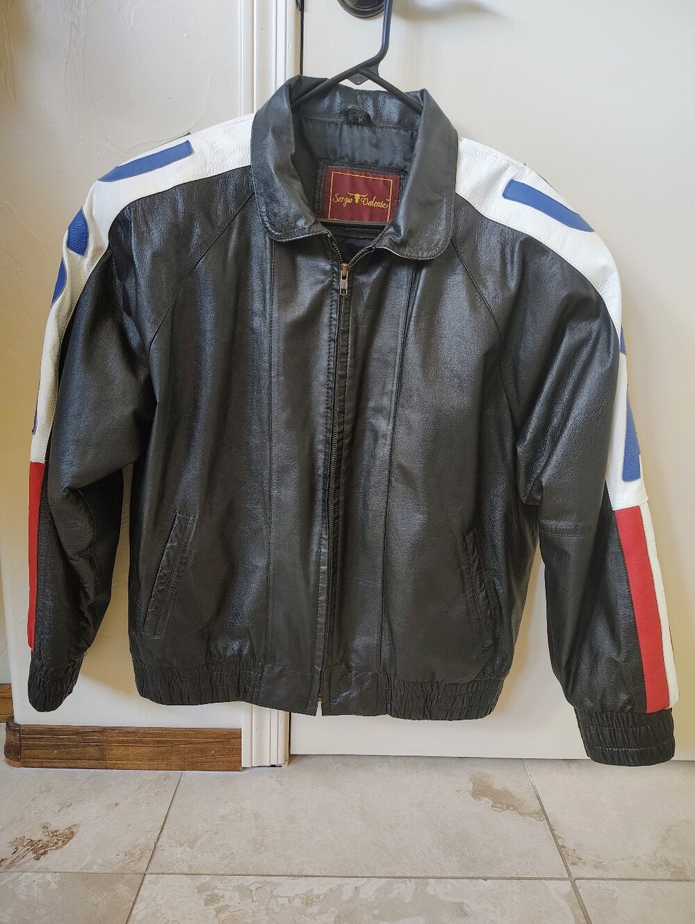 Sergio Valente Men's M Leather Bomber Jacket M Black USA Flag Sleeve VTG